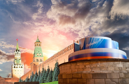 Moscow Kremlin (with decorations for the holiday of May 9 in honor of Victory Day celebration (WWII). Against the sky with clouds, Russia. TRANSLATION: Victory!の写真素材