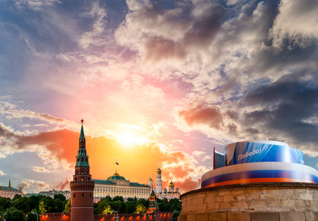 Moscow Kremlin (with decorations for the holiday of May 9 in honor of Victory Day celebration (WWII). Against the sky with clouds, Russia. TRANSLATION: Victory!の写真素材
