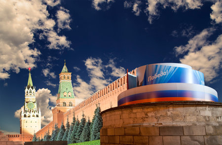 Moscow Kremlin (with decorations for the holiday of May 9 in honor of Victory Day celebration (WWII). Against the sky with clouds, Russia. TRANSLATION: Victory!の写真素材