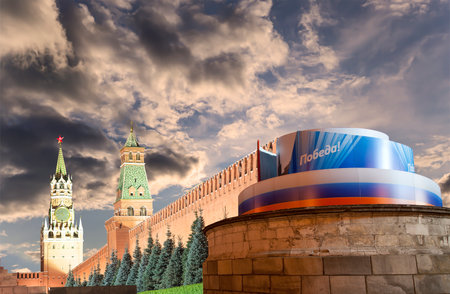 Moscow Kremlin (with decorations for the holiday of May 9 in honor of Victory Day celebration (WWII). Against the sky with clouds, Russia. TRANSLATION: Victory!の写真素材