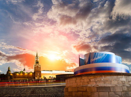 Moscow Kremlin (with decorations for the holiday of May 9 in honor of Victory Day celebration (WWII). Against the sky with clouds, Russia. TRANSLATION: Victory!の写真素材