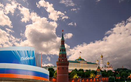 Moscow Kremlin (with decorations for the holiday of May 9 in honor of Victory Day celebration (WWII). Against the sky with clouds, Russia. TRANSLATION: Victory!の写真素材