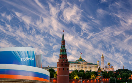 Moscow Kremlin (with decorations for the holiday of May 9 in honor of Victory Day celebration (WWII). Against the sky with clouds, Russia. TRANSLATION: Victory!の写真素材
