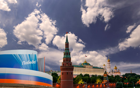 Moscow Kremlin (with decorations for the holiday of May 9 in honor of Victory Day celebration (WWII). Against the sky with clouds, Russia. TRANSLATION: Victory!の写真素材