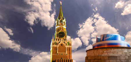 Moscow Kremlin (with decorations for the holiday of May 9 in honor of Victory Day celebration (WWII). Against the sky with clouds, Russia. TRANSLATION: Victory!の写真素材