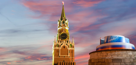 Moscow Kremlin (with decorations for the holiday of May 9 in honor of Victory Day celebration (WWII). Against the sky with clouds, Russia. TRANSLATION: Victory!の写真素材