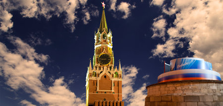 Moscow Kremlin (with decorations for the holiday of May 9 in honor of Victory Day celebration (WWII). Against the sky with clouds, Russia. TRANSLATION: Victory!の写真素材