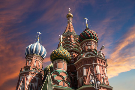 Temple of Basil the Blessed, Red Square, Moscow, Russia. Against the sunset