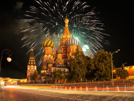 Temple of Basil the Blessed and fireworks in honor of Victory Day celebration (WWII), Red Square,...