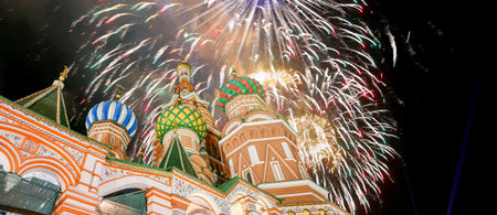 Temple of Basil the Blessed and fireworks in honor of Victory Day celebration (WWII), Red Square,...