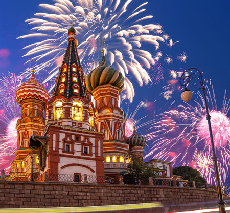 Temple of Basil the Blessed and fireworks in honor of Victory Day celebration (WWII), Red Square,...