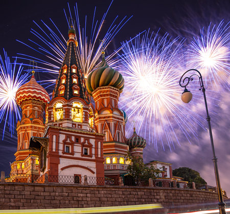Temple of Basil the Blessed and fireworks in honor of Victory Day celebration (WWII), Red Square,...
