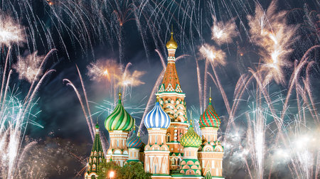 Temple of Basil the Blessed and fireworks in honor of Victory Day celebration (WWII), Red Square, Moscow, Russiaの写真素材