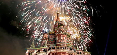 Temple of Basil the Blessed and fireworks in honor of Victory Day celebration (WWII), Red Square,...