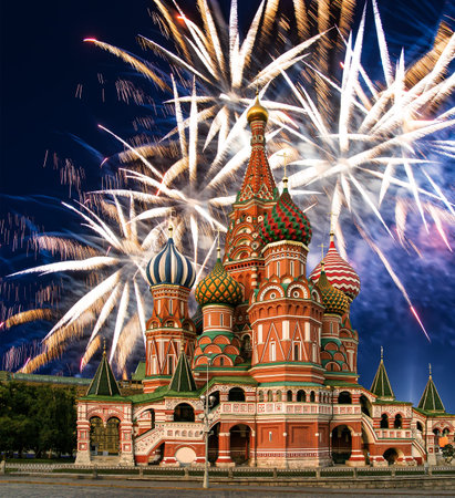 Temple of Basil the Blessed and fireworks in honor of Victory Day celebration (WWII), Red Square,...