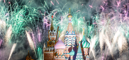 Temple of Basil the Blessed and fireworks in honor of Victory Day celebration (WWII), Red Square,...