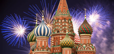 Temple of Basil the Blessed and fireworks in honor of Victory Day celebration (WWII), Red Square,...