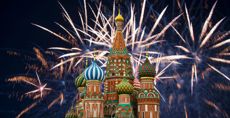 Temple of Basil the Blessed and fireworks in honor of Victory Day celebration (WWII), Red Square,...