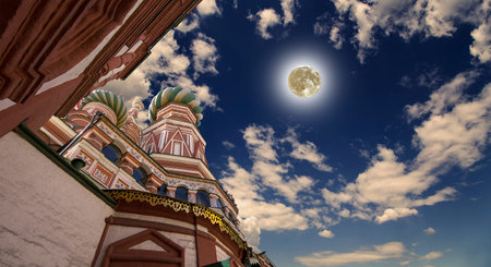 Temple of Basil the Blessed, Red Square, Moscow, Russia. With supermoon
