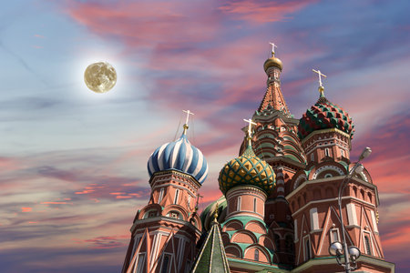 Temple of Basil the Blessed, Red Square, Moscow, Russia. With supermoonの写真素材