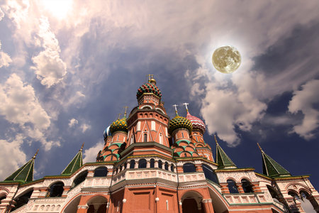 Temple of Basil the Blessed, Red Square, Moscow, Russia. With supermoonの写真素材