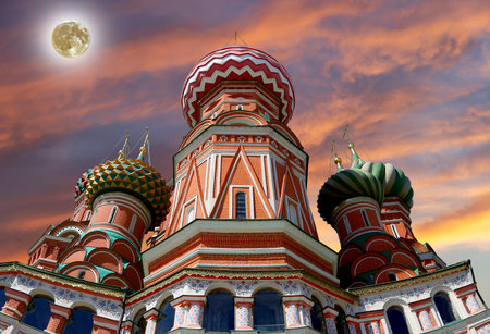 Temple of Basil the Blessed, Red Square, Moscow, Russia. With supermoonの写真素材