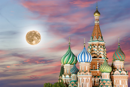 Temple of Basil the Blessed, Red Square, Moscow, Russia. With supermoonの写真素材