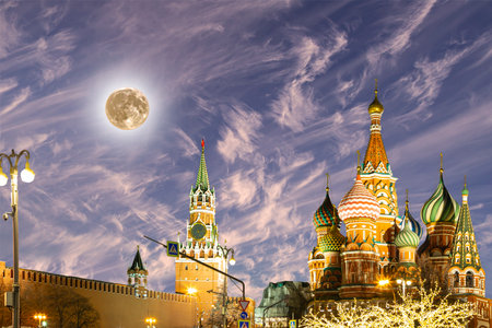 Temple of Basil the Blessed, Red Square, Moscow, Russia. With supermoonの写真素材