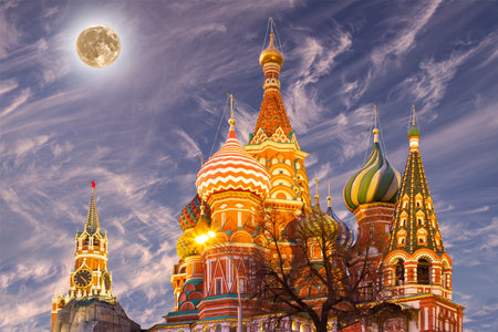 Temple of Basil the Blessed, Red Square, Moscow, Russia. With supermoonの写真素材