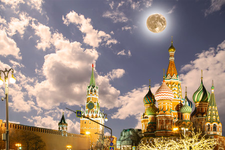 Temple of Basil the Blessed, Red Square, Moscow, Russia. With supermoonの写真素材