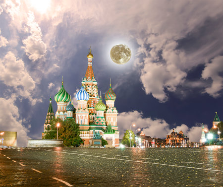 Temple of Basil the Blessed, Red Square, Moscow, Russia. With supermoonの写真素材
