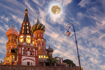 Temple of Basil the Blessed, Red Square, Moscow, Russia. With supermoonの写真素材