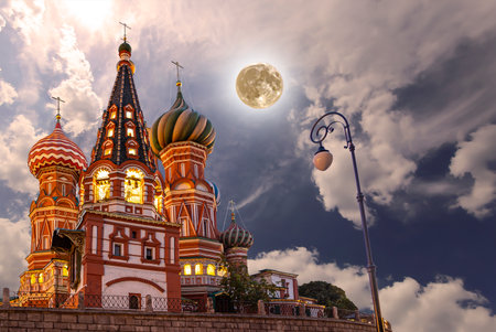 Temple of Basil the Blessed, Red Square, Moscow, Russia. With supermoonの写真素材
