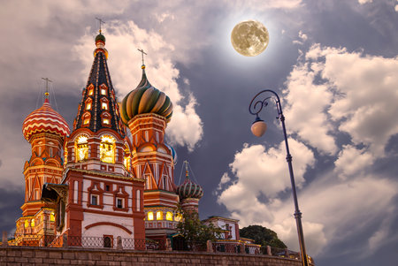 Temple of Basil the Blessed, Red Square, Moscow, Russia. With supermoonの写真素材