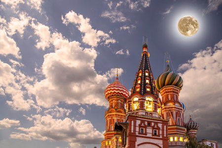 Temple of Basil the Blessed, Red Square, Moscow, Russia. With supermoonの写真素材