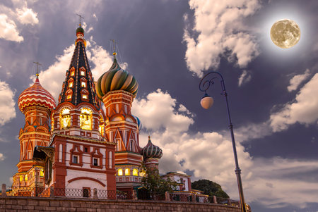 Temple of Basil the Blessed, Red Square, Moscow, Russia. With supermoon