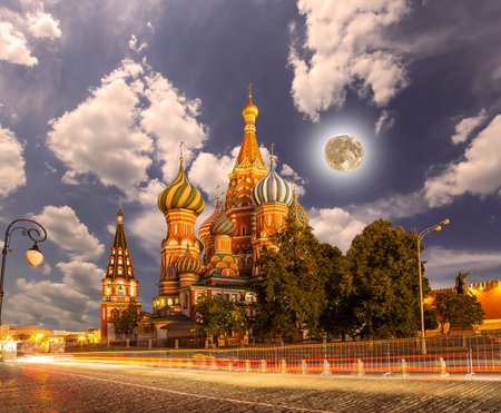 Temple of Basil the Blessed, Red Square, Moscow, Russia. With supermoonの写真素材