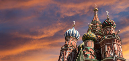 Temple of Basil the Blessed, Red Square, Moscow, Russia. Against the sunset