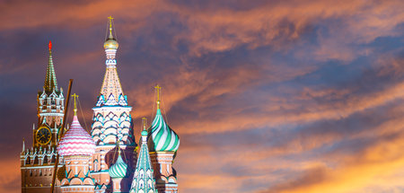 Temple of Basil the Blessed, Red Square, Moscow, Russia. Against the sunsetの写真素材