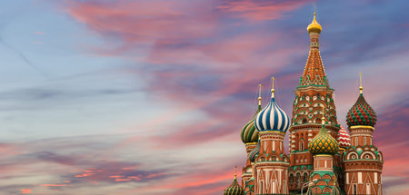 Temple of Basil the Blessed, Red Square, Moscow, Russia. Against the sunset