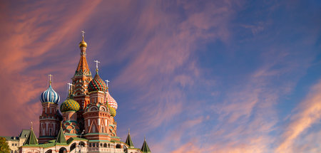 Temple of Basil the Blessed, Red Square, Moscow, Russia. Against the sunsetの写真素材