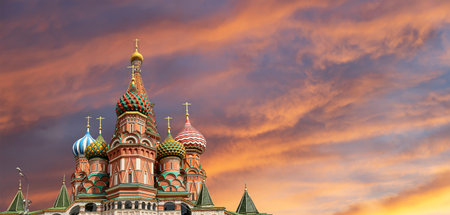 Temple of Basil the Blessed, Red Square, Moscow, Russia. Against the sunset