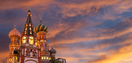 Temple of Basil the Blessed, Red Square, Moscow, Russia. Against the sunsetの写真素材