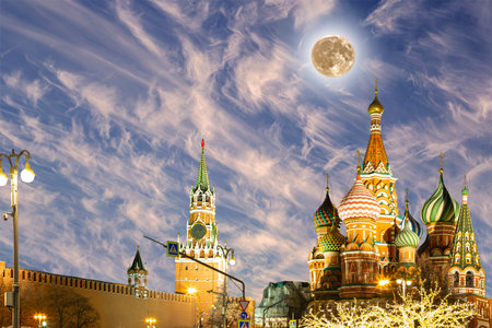 Temple of Basil the Blessed, Red Square, Moscow, Russia. With supermoonの写真素材