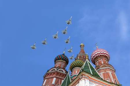 Temple of Basil the Blessed and Russian military aircraft in the sky, Air parade in honor of Victory...
