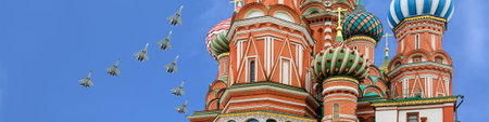 Temple of Basil the Blessed and Russian military aircraft in the sky, Air parade in honor of Victory...