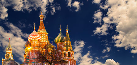 Temple of Basil the Blessed, Red Square, Moscow, Russia. Against the clouds