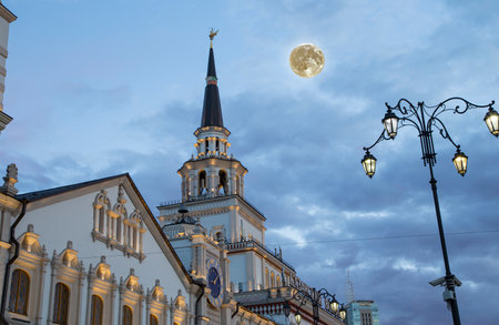 Kazansky railway terminal (Kazansky vokzal -- written in Russian) at night-- with the super moon -- is one of nine railway terminals in Moscow, Russia.の写真素材