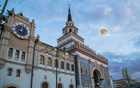 Kazansky railway terminal (Kazansky vokzal -- written in Russian) at night-- with the super moon -- is one of nine railway terminals in Moscow, Russia.の写真素材