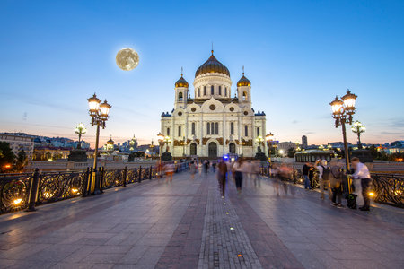 Night view of the Cathedral of Christ the Saviour with the moon, Moscow, Russiaの写真素材
